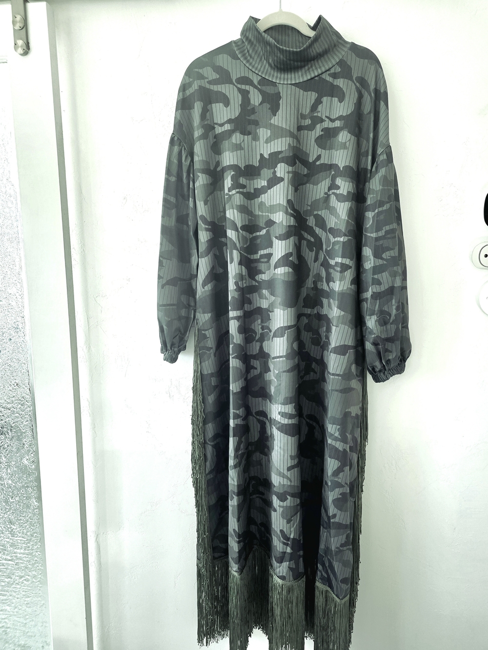 Camo Print Turtleneck Fringe Maxi Dress - Green